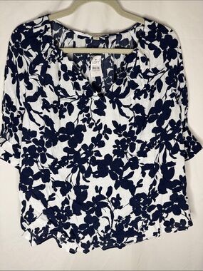 LOFT Navy and White Floral V-Neck Blouse